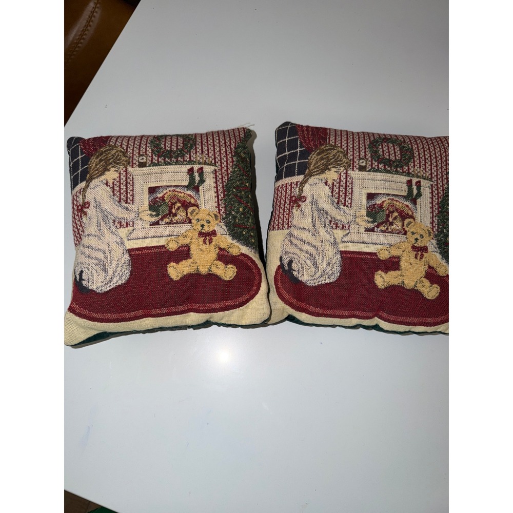Vintage Christmas Tapestry Throw Pillows Set of 2 Girl Teddy Bear Fireplace 7.5"